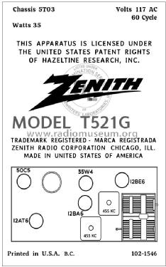 T521G Ch= 5T03; Zenith Radio Corp.; (ID = 2925736) Radio