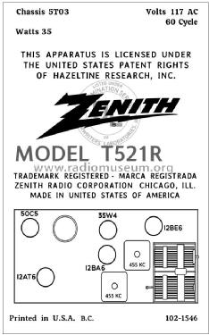 T521R Ch= 5T03; Zenith Radio Corp.; (ID = 2925737) Radio