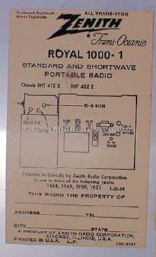 Trans-Oceanic Royal 1000-1 Ch= 9HT40Z8 & 9HT40Z2; Zenith Radio Corp.; (ID = 141521) Radio