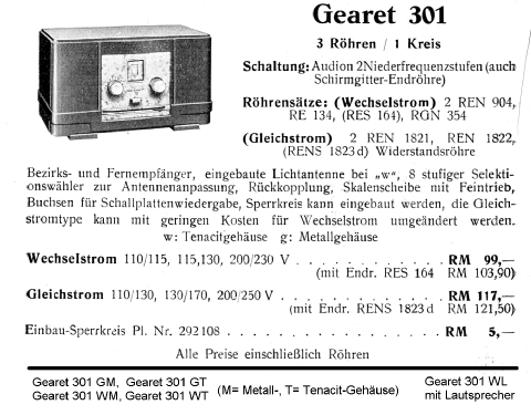 Gearet 301WT; AEG Radios Allg. (ID = 2991573) Radio