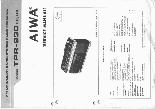 Stereo Portable-Radio-Cassetten-Recorder TPR-930EE; Aiwa Co. Ltd.; Tokyo (ID = 2682769) Radio