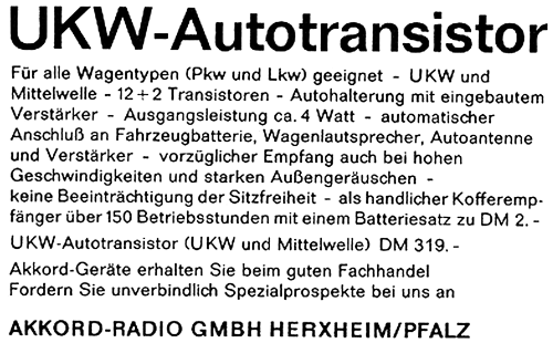 UKW-Autotransistor 501/3200; Akkord-Radio + (ID = 1880845) Radio