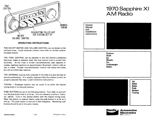 Sapphire XI 1970 OBV - 0BV; Bendix Radio (ID = 1981166) Car Radio