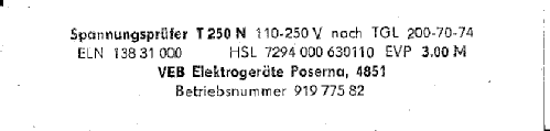 Spannungsprüfer T250N; Elektrogeräte, VEB; (ID = 1762862) Equipment