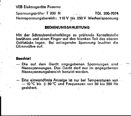 Spannungsprüfer T250N; Elektrogeräte, VEB; (ID = 1762863) Equipment