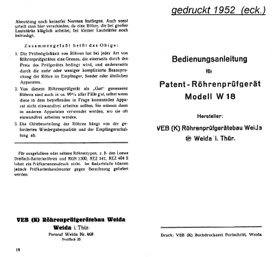 Röhrenprüfgerät Hauptgerät W18; Funke, Max, Weida/Th (ID = 82313) Equipment