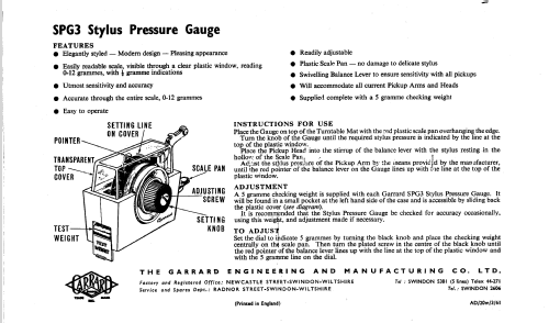 Stylus Pressure Gauge SPG3; Garrard Eng. & Mfg. (ID = 924727) Equipment