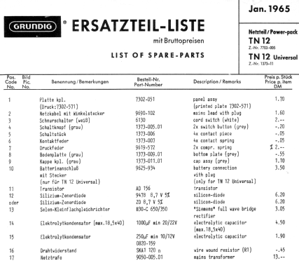 Transistor-Netzteil TN-12 Universal; Grundig Radio- (ID = 465949) Aliment.