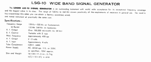 Signal Generator LSG-10; Leader Electronics (ID = 238015) Equipment