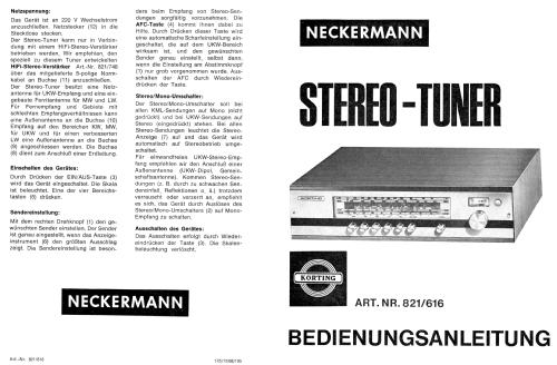 Körting Hi-Fi-Stereo-Tuner 821/616 ; Neckermann-Versand (ID = 1986817) Radio