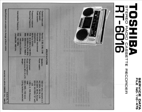 Stereo Radio Cassette Recorder RT-6016; Toshiba Corporation; (ID = 1818358) Radio