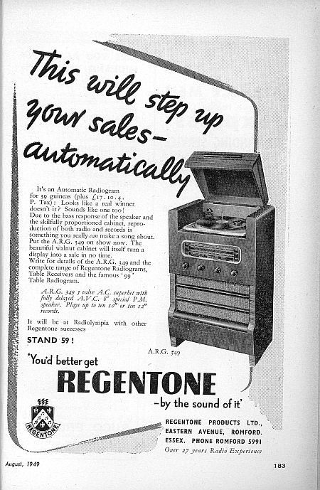 Advertisement from the August 1949 edition of ERT of the Regentone ARG349.