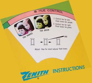 Zenith Bedienungsanleitung für ein NTSC Farbfernsehgerät als Tabellenscheibe ausgeführt, die erklärt, wie man eine vernüftige Farbtondarstellung erhält ~<1965 