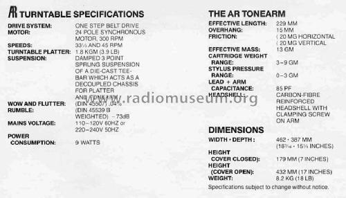 The AR Turntable ; Acoustic Research (ID = 1750625) Ton-Bild