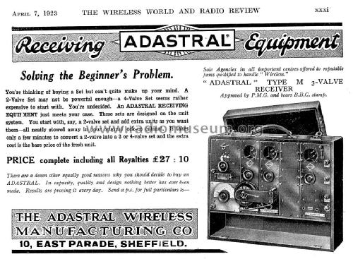 'Adastral' 3-Valve Receiver Type M; Adastral Wireless (ID = 1072532) Radio