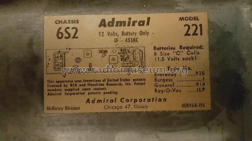 221 Transistor Six Ch= 6S2; Admiral brand (ID = 2232116) Radio