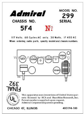 299 Ch= 5F4; Admiral brand (ID = 2793114) Radio
