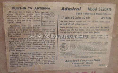 322DX16 Ch= 22E2; Admiral brand (ID = 1256140) TV Radio