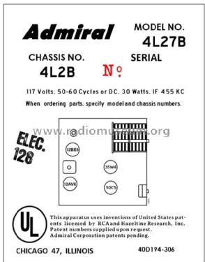 4L27B Ch= 4L2B; Admiral brand (ID = 2793378) Radio