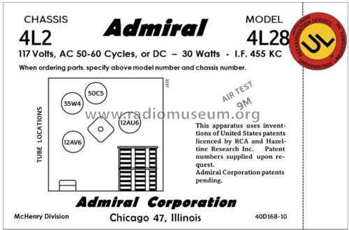 4L28 Ch= 4L2; Admiral brand (ID = 2793375) Radio