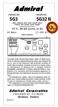 5G32 Ch= 5G3; Admiral brand (ID = 2803177) Radio