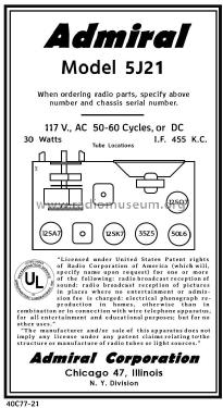 5J21 Ch= 5J2; Admiral brand (ID = 2795456) Radio