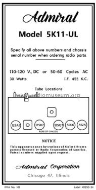 5K11 Ch= 5K1; Admiral brand (ID = 2783363) Radio