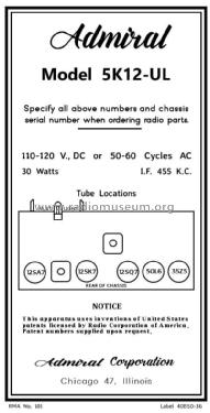 5K12 Ch= 5K1; Admiral brand (ID = 2783362) Radio