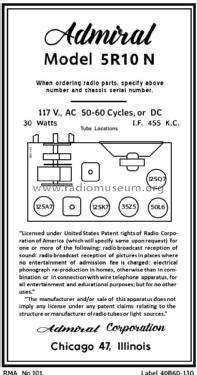 5R10N Ch= 5R1; Admiral brand (ID = 2813460) Radio