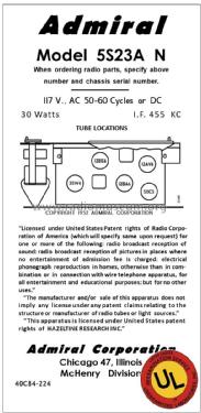 5S23AN (not 5S232AN Ch= 5C3; Admiral brand (ID = 2890787) Radio