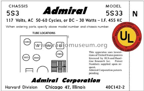 5S33 Ch= 5S3; Admiral brand (ID = 2788284) Radio