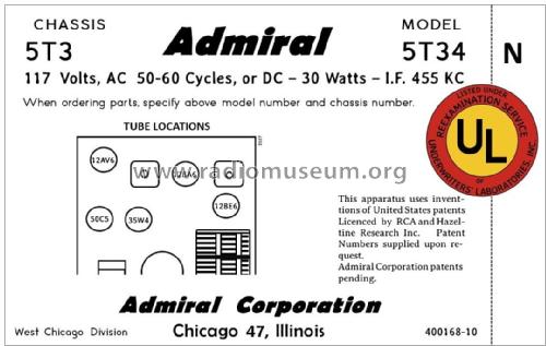 5T34 Ch= 5T3; Admiral brand (ID = 2788247) Radio