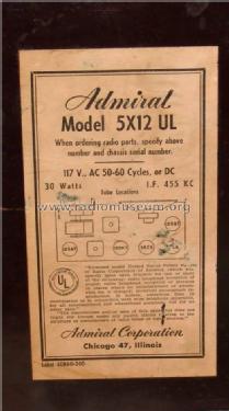 5X12 UL Ch= 5X1; Admiral brand (ID = 756531) Radio