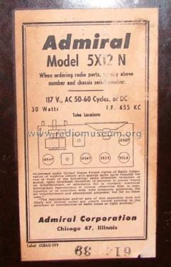 5X12-N ; Admiral brand (ID = 1680264) Radio
