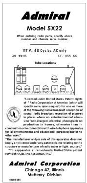 5X22 Ch= 5X2; Admiral brand (ID = 2793700) Radio
