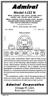 6J22 Ch=6J2; Admiral brand (ID = 2795461) Radio