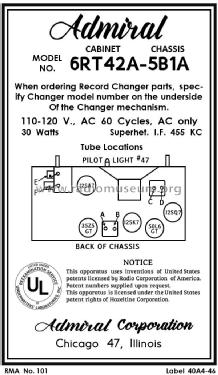 6RT42A Ch= 5B1A; Admiral brand (ID = 2915821) Radio