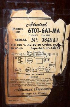 6T01 Ch= 6A1; Admiral brand (ID = 375515) Radio