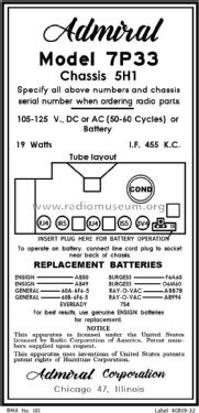 7P33 Ch= 5H1; Admiral brand (ID = 2920787) Radio