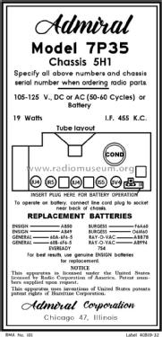 7P35 Ch = 5H1; Admiral brand (ID = 2920789) Radio