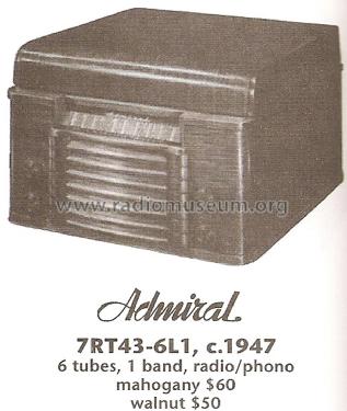 7RT43 Ch= 6L1; Admiral brand (ID = 1672188) Radio