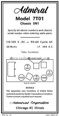 7T01 Ch= 5N1; Admiral brand (ID = 2813878) Radio