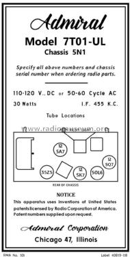 7T01UL Ch= 5N1; Admiral brand (ID = 2813883) Radio