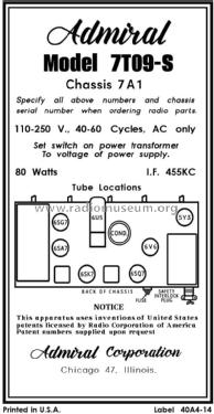 7T09-S Ch= 7A1; Admiral brand (ID = 2978611) Radio