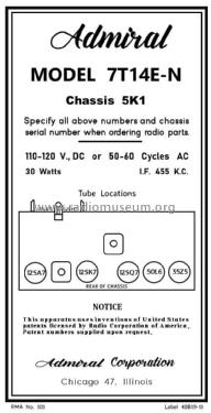 7T14 Ch= 5K1 ; Admiral brand (ID = 2783367) Radio