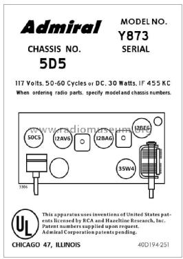 873 Ch= 5D5; Admiral brand (ID = 2788981) Radio