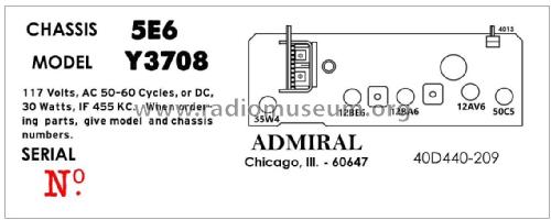 Admiral Y3708 Ch= 5E6; Admiral brand (ID = 2793683) Radio