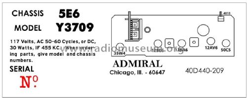 Admiral Y3709 Ch= 5E6; Admiral brand (ID = 2793682) Radio