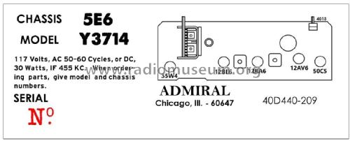 Admiral Y3714 Ch= 5E6; Admiral brand (ID = 2793680) Radio