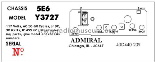 Admiral Y3727 Ch= 5E6; Admiral brand (ID = 2793677) Radio